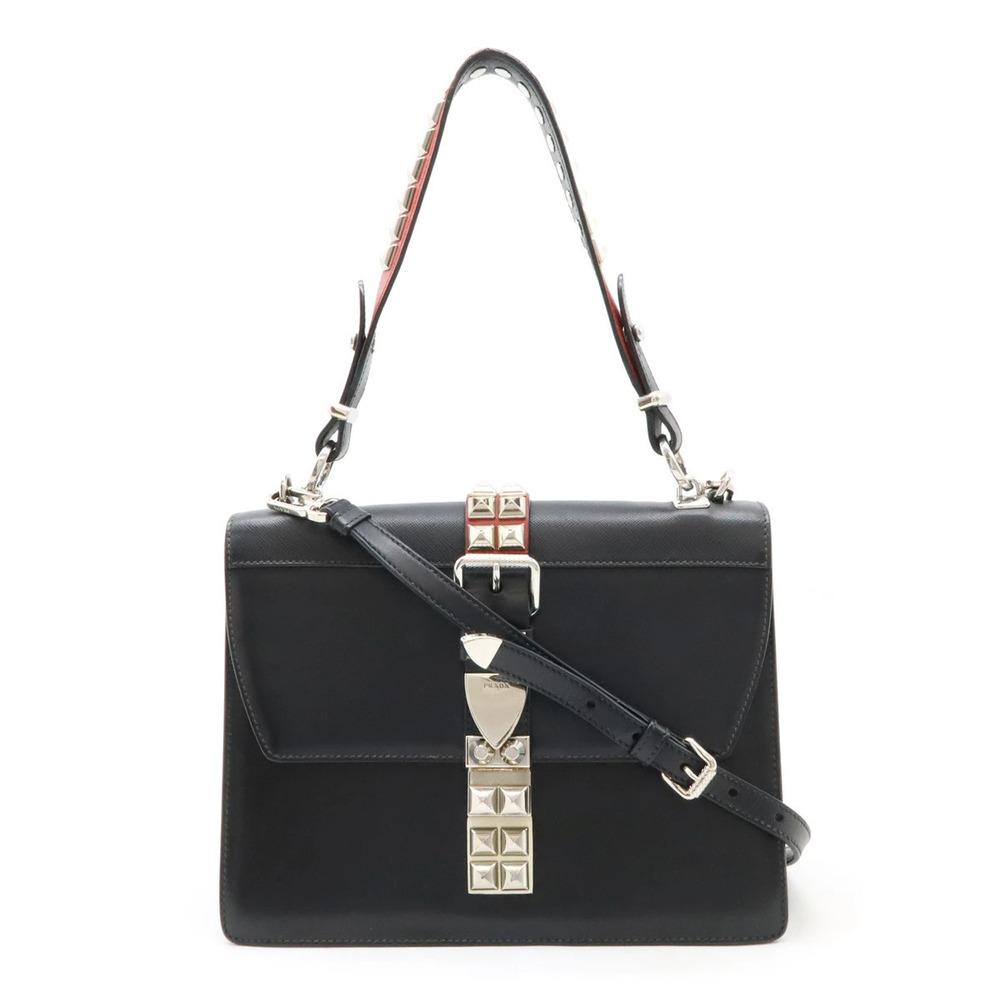 Prada Studded Tote Bag Shoulder Saffiano Leather NERO Black